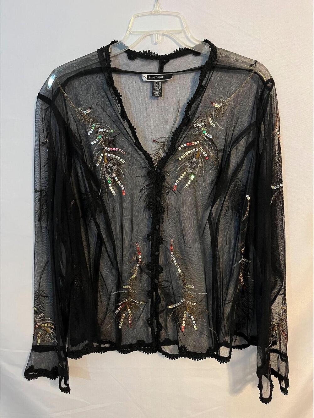 JS Boutique Women's Black Sheer Mesh Sequin Feather Embellished Blouse Size 20